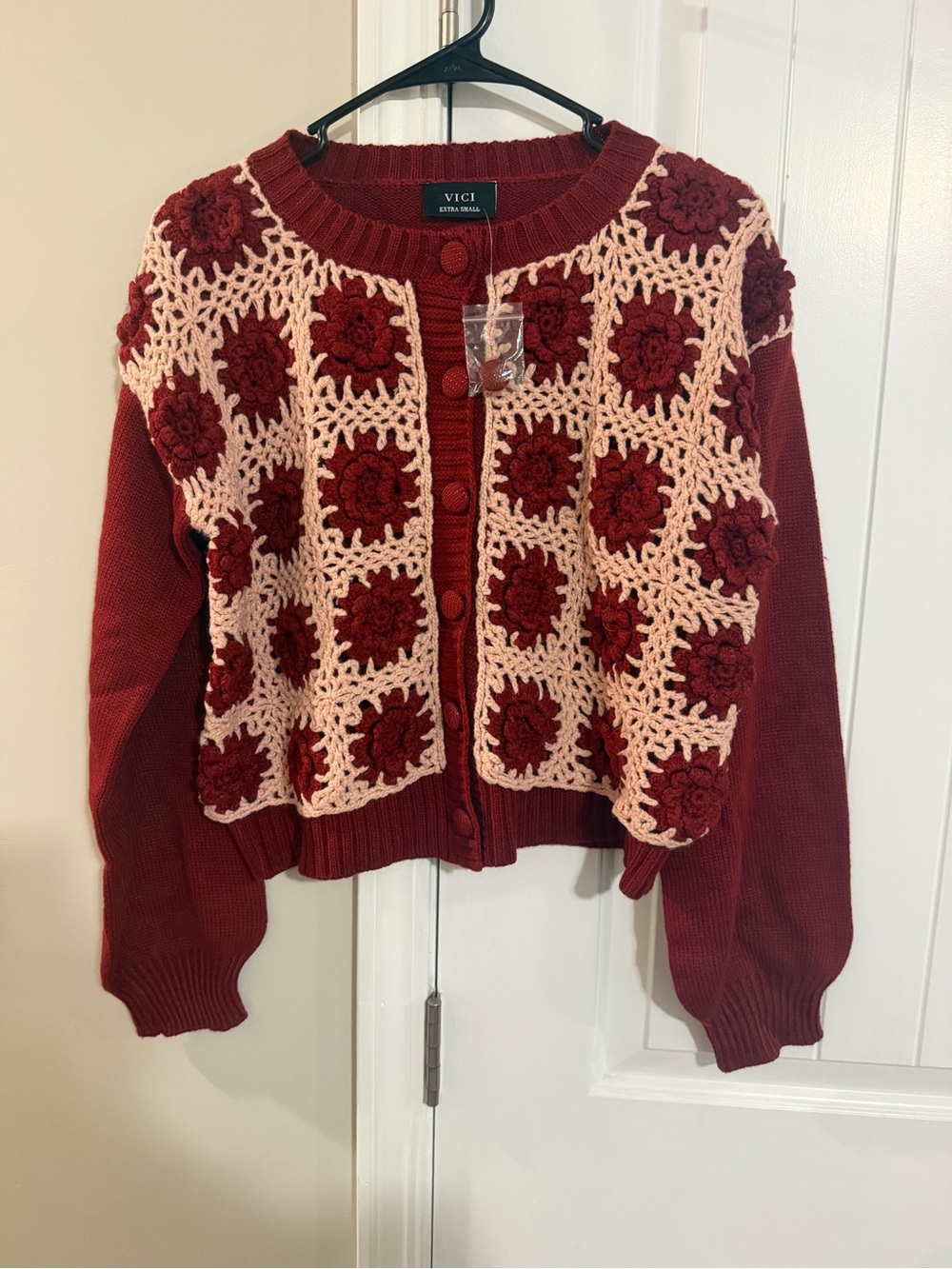 Vici Floral Crochet Granny Square Button Up Cardigan Burgundy XS